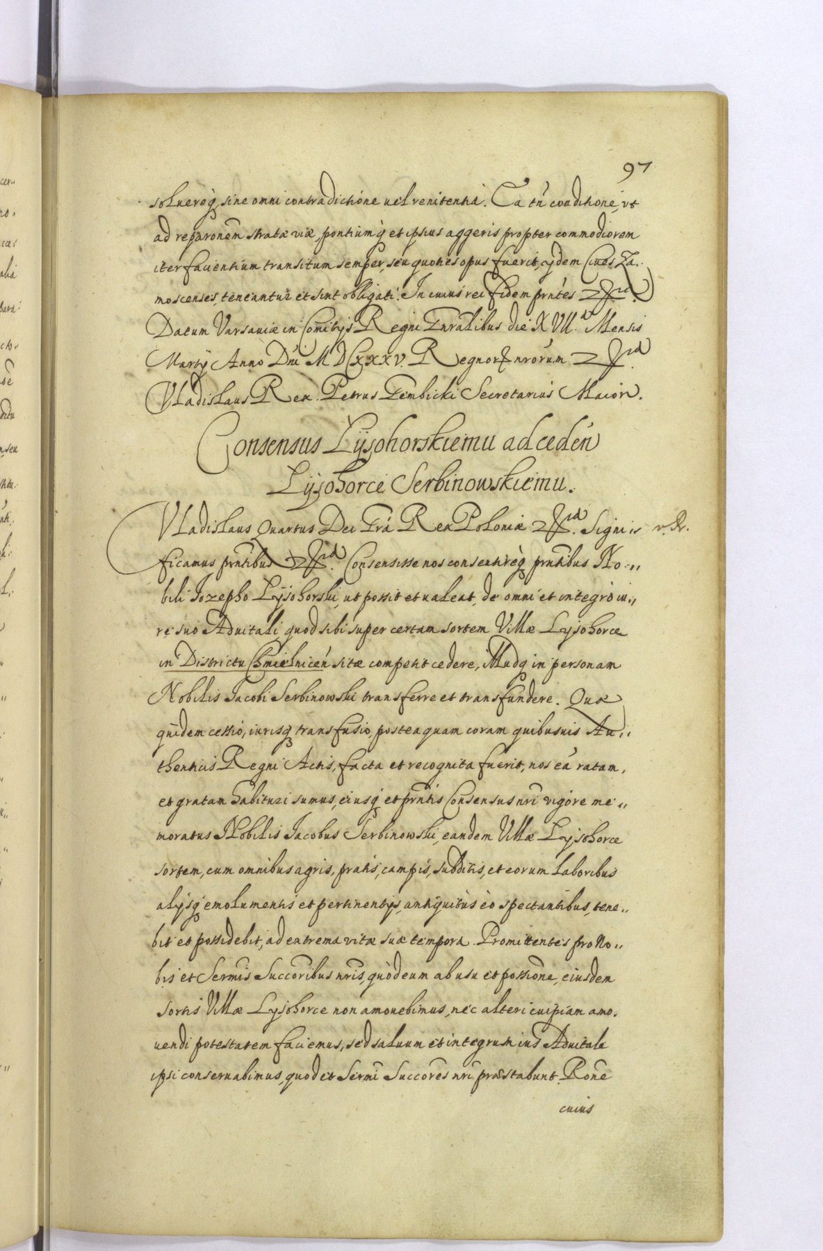 MK 181 k. 97 — konsens dla Łysohorskiego na cesję Serbinowskiemu, 1635